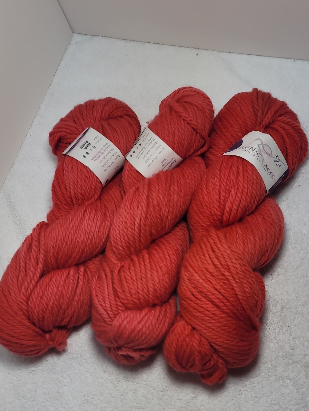 Lorna's Laces Hand-Dyed Poppy Red Yarn Skeins - 3 Skeins Dye Lot # 6188 NWT
